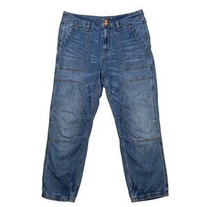 Anthropologie Pilcro Barrel Leg Jean 31 Blue Reinforced Knee Pockets High Rise